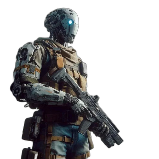 robot, weapon, concept art, 3d render, pixel art, cyberpunk, blue, pastel transparent PNG cut-out
