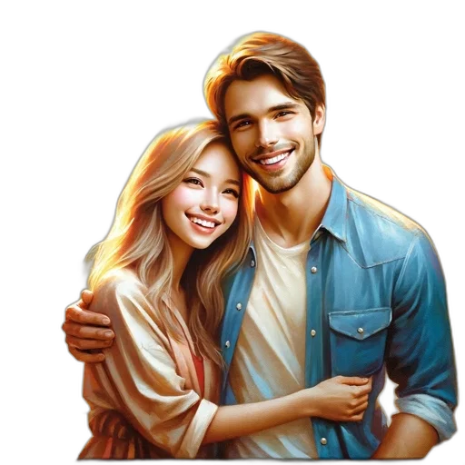 photorealistic, oil painting, cartoon, fantasy art, romantic, couple, embraces, amidst transparent PNG cut-out