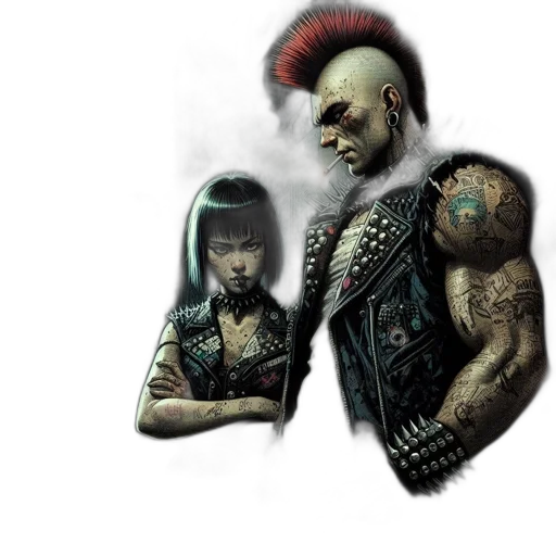 concept art, fantasy art, cyberpunk, comic book art, woman, punk, attire, man transparent PNG cut-out