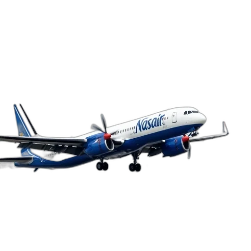 3d render, blue, white, commercial, airplane, word, nasair, side transparent PNG cut-out