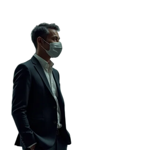 mask, jacket, face, staff, concept art, cyberpunk, fog, outer space transparent PNG cut-out
