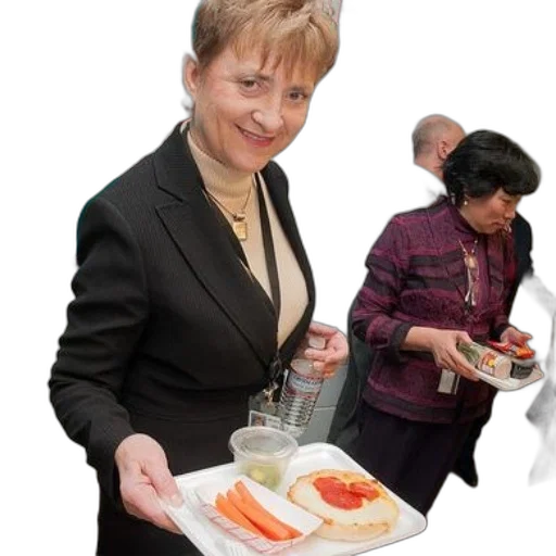 food, staff, woman, black, suit, holds, tray, carrots transparent PNG cut-out