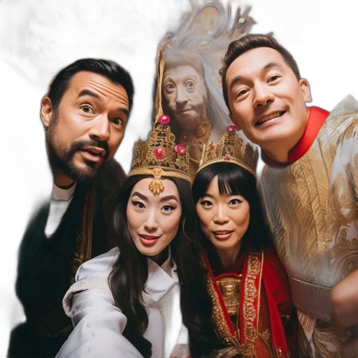 staff, celebratory, setting, five, individuals, ornate, costumes, including transparent PNG cut-out