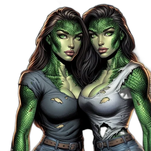 comic book art, fantasy art, concept art, photorealistic, green, two, women, reptilian transparent PNG cut-out