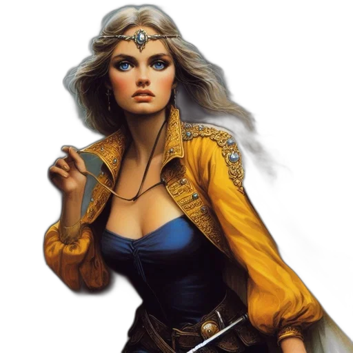 fantasy art, comic book art, concept art, photorealistic, golden, elegant, woman, jacket transparent PNG cut-out