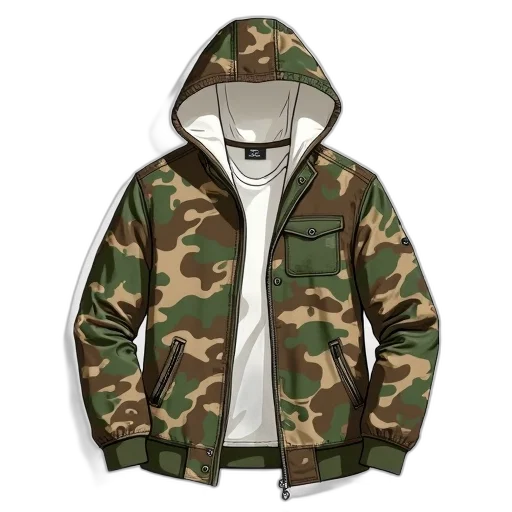 jacket, earth tones, green, detailed, illustration, camouflage, hood, featuring transparent PNG cut-out