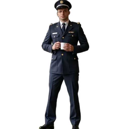staff, hat, jacket, robot, concept art, 3d render, photorealistic, man transparent PNG cut-out