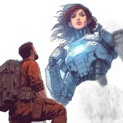 robot, comic book art, concept art, fantasy art, watercolor, outer space, fire, blue transparent PNG cut-out