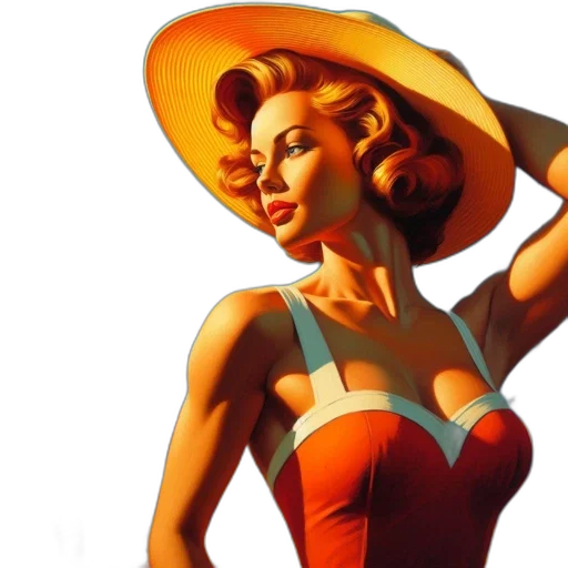 hat, dress, comic book art, photorealistic, concept art, 3d render, woman, vintage transparent PNG cut-out