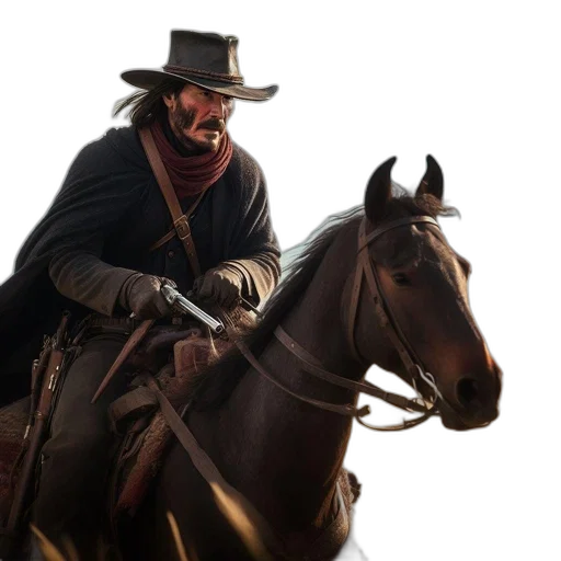 hat, concept art, photorealistic, cowboy, riding, horse, across, expansive transparent PNG cut-out
