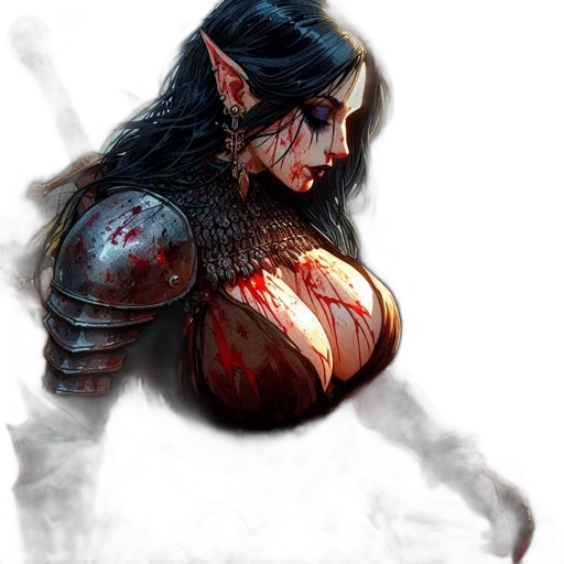 fantasy art, concept art, comic book art, pixel art, warrior, elf-like, features, red-stained transparent PNG cut-out