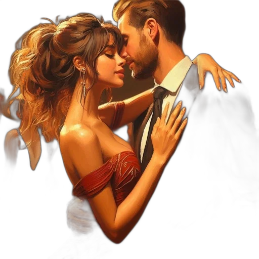 photorealistic, oil painting, fantasy art, concept art, fire, fog, intimate, embrace transparent PNG cut-out