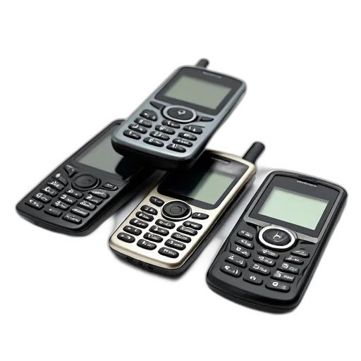 3d render, collection, old, cell, phones, displayed, white, background transparent PNG cut-out