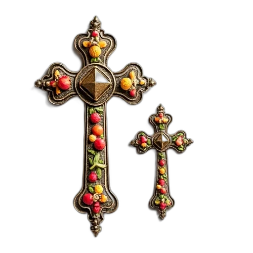 crown, jewelry, sword, staff, pair, ornate, vintage-style, crosses transparent PNG cut-out