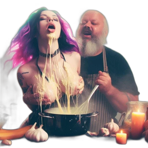 fire, neon lights, dimly, lit, kitchen, woman, multicolored, hair transparent PNG cut-out
