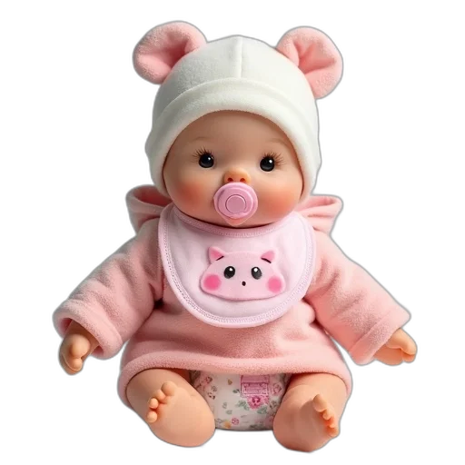 3d render, photorealistic, plush, doll, dressed, pink, jacket, hood transparent PNG cut-out