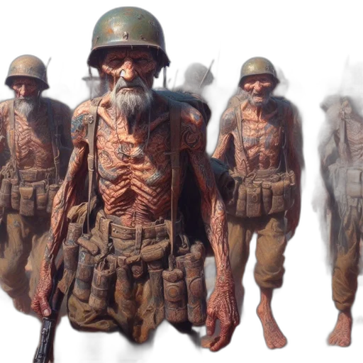 concept art, 3d render, photorealistic, fantasy art, group, elderly, emaciated, soldiers transparent PNG cut-out