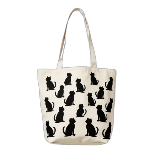 white, canvas, handbag, pattern, black, cat, silhouettes, displayed transparent PNG cut-out