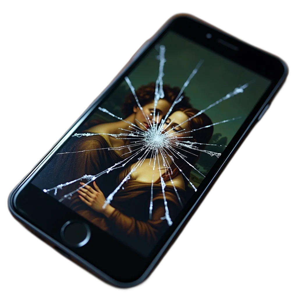 weapon, close-up, smartphone, cracked, screen, displaying, distorted, image transparent PNG cut-out