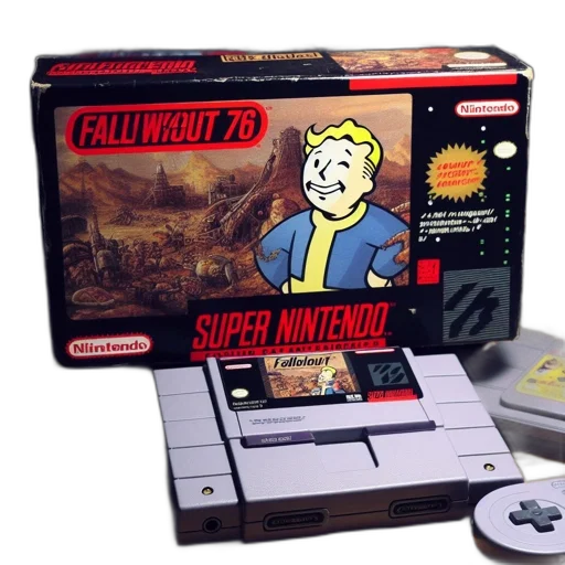 fallout, custom-made, snes, cartridge, displayed, alongside, controller, game transparent PNG cut-out