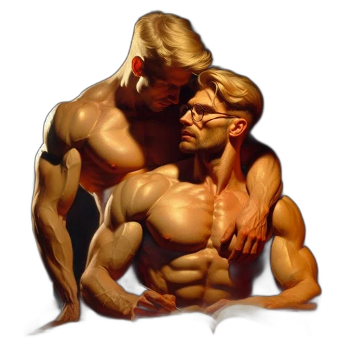 concept art, photorealistic, oil painting, fantasy art, two, muscular, men, dimly transparent PNG cut-out