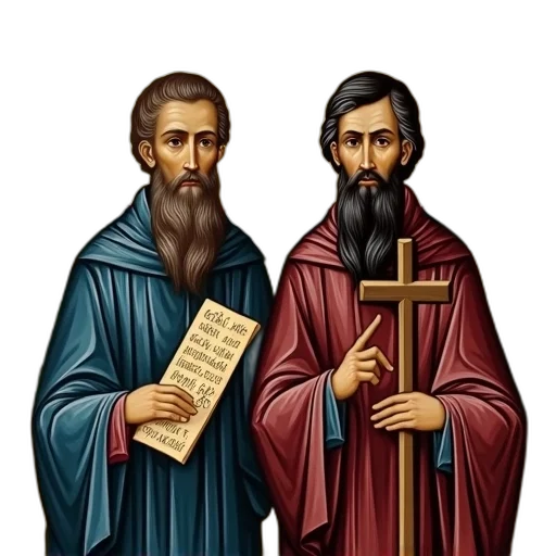 pixel art, traditional, russian, icon, depicting, two, bearded, men transparent PNG cut-out