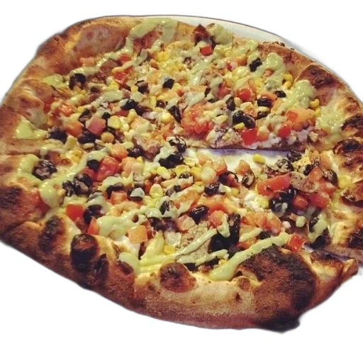food, 3d render, photorealistic, pizza, olives, tomatoes, corn, cheese transparent PNG cut-out
