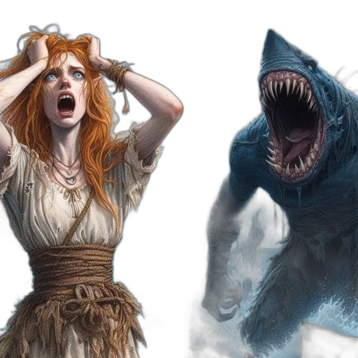 creature, concept art, fantasy art, comic book art, photorealistic, blue, panicked, woman transparent PNG cut-out