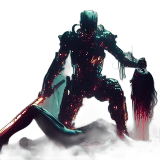 robot, sword, concept art, fantasy art, comic book art, cyberpunk, fog, fire transparent PNG cut-out