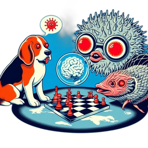 concept art, underwater, outer space, fire, beagle, dog, pufferfish-like, creature transparent PNG cut-out