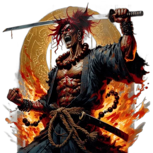 staff, concept art, fantasy art, comic book art, fire, red-haired, warrior, demon transparent PNG cut-out