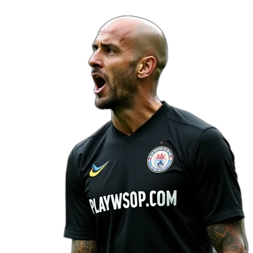 soccer, player, bald, head, wearing, black, jersey, words transparent PNG cut-out
