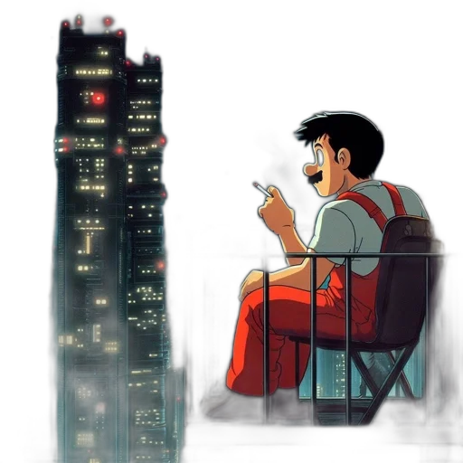 building, concept art, comic book art, cyberpunk, cartoon, fog, city street, neon lights transparent PNG cut-out