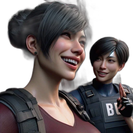 face, weapon, concept art, 3d render, photorealistic, cyberpunk, two, cheerful transparent PNG cut-out