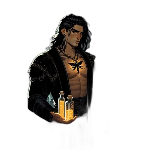 jacket, bottle, staff, jewelry, fantasy art, concept art, pixel art, comic book art transparent PNG cut-out