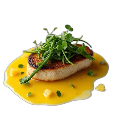 food, photorealistic, gourmet, dish, piece, meat, topped, green transparent PNG cut-out