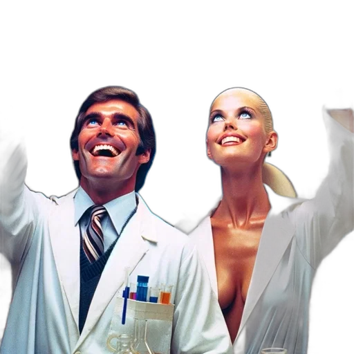 concept art, comic book art, photorealistic, 3d render, outer space, two, scientists, wearing transparent PNG cut-out