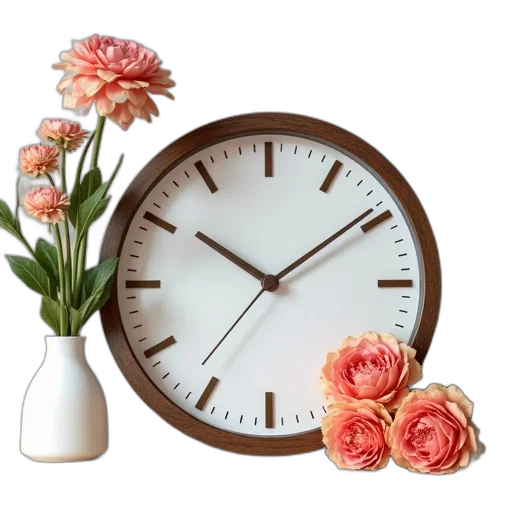 flower, photorealistic, 3d render, pastel, clock, flowers, next, reads transparent PNG cut-out