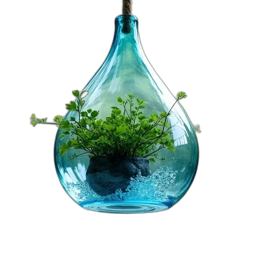 bottle, 3d render, photorealistic, concept art, underwater, green, hanging, glass transparent PNG cut-out