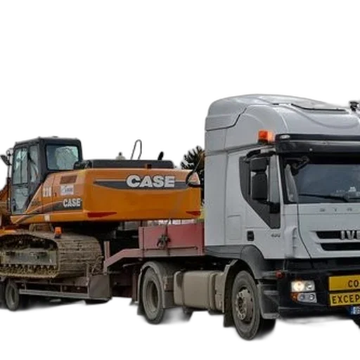 case, excavator, being, transported, back, white, truck transparent PNG cut-out