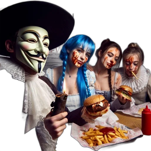 mask, food, face, concept art, cyberpunk, photorealistic, cafe, setting transparent PNG cut-out