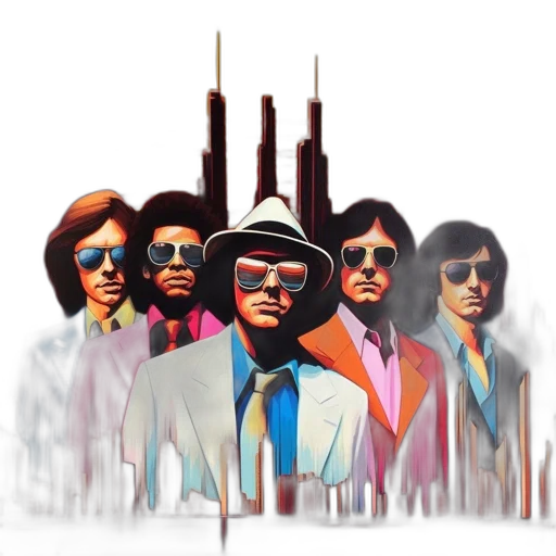 concept art, pixel art, comic book art, vaporwave, five, men, each, wearing transparent PNG cut-out