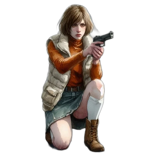 jacket, weapon, concept art, pixel art, comic book art, fantasy art, young, woman transparent PNG cut-out