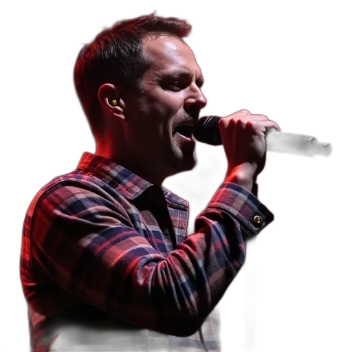 jacket, man, short, hair, singing, into, microphone, stage transparent PNG cut-out