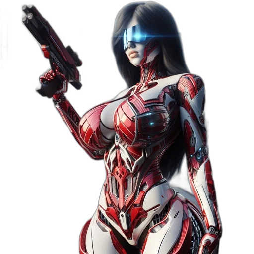 robot, weapon, concept art, comic book art, cyberpunk, 3d render, red, urban transparent PNG cut-out