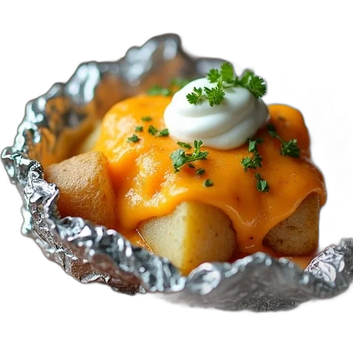 food, crown, photorealistic, foil, packet, loaded, potatoes, cheese transparent PNG cut-out