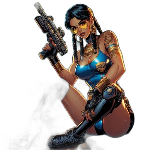 weapon, comic book art, concept art, cyberpunk, fantasy art, woman, dark, hair transparent PNG cut-out
