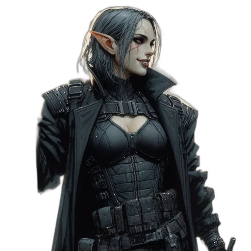 jacket, concept art, comic book art, fantasy art, cyberpunk, dark, elf-like, character transparent PNG cut-out