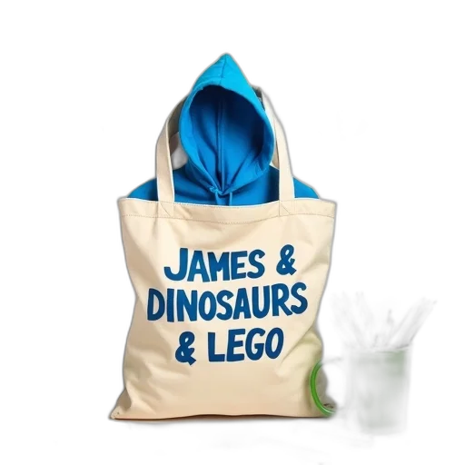 beige, canvas, tote, bag, words, james, dinosaurs, lego transparent PNG cut-out