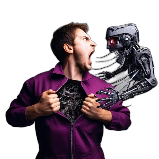 robot, jacket, cyberpunk, concept art, 3d render, man, purple, jumpsuit transparent PNG cut-out